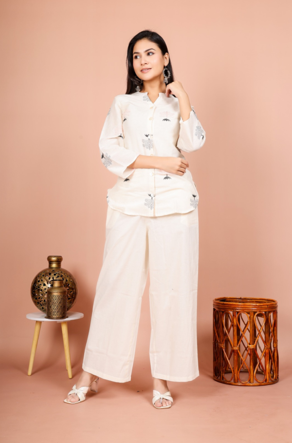 KHADI COTTON EMBROIDED SHIRT WITH PLAZZO PANTS