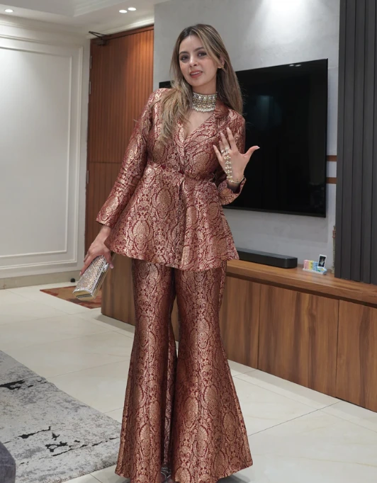 Peplum tops with high-waist trousers