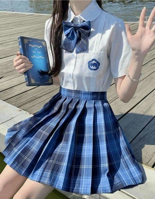Blue Plaid Skirt with White Blouse