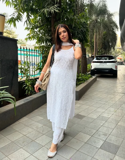 White Chikankari Kurta with contrast Dupatta